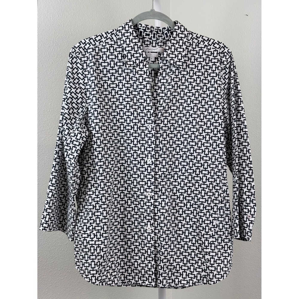 Foxcroft NYC Womens XL Black White Geometric Non Iron Stretch Button Down Shirt